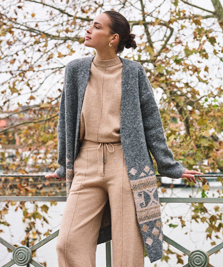 EsQualo Intarsia Pattern Long Cardigan, Grey