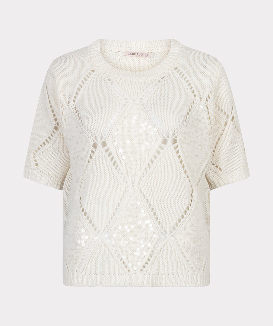 EsQualo Ecru Sweater Ajour Diamond Sequins