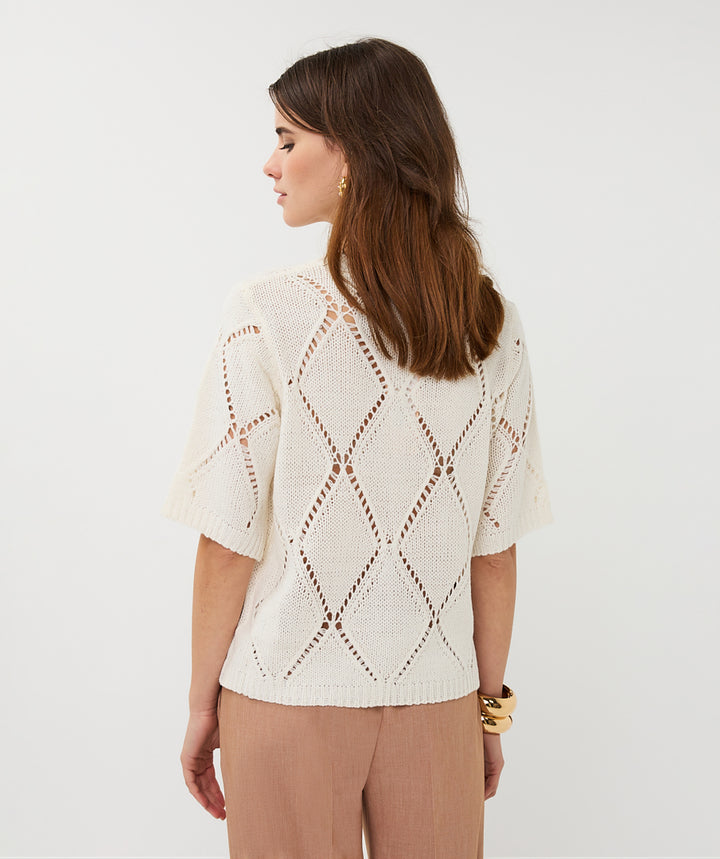EsQualo Ecru Sweater Ajour Diamond Sequins
