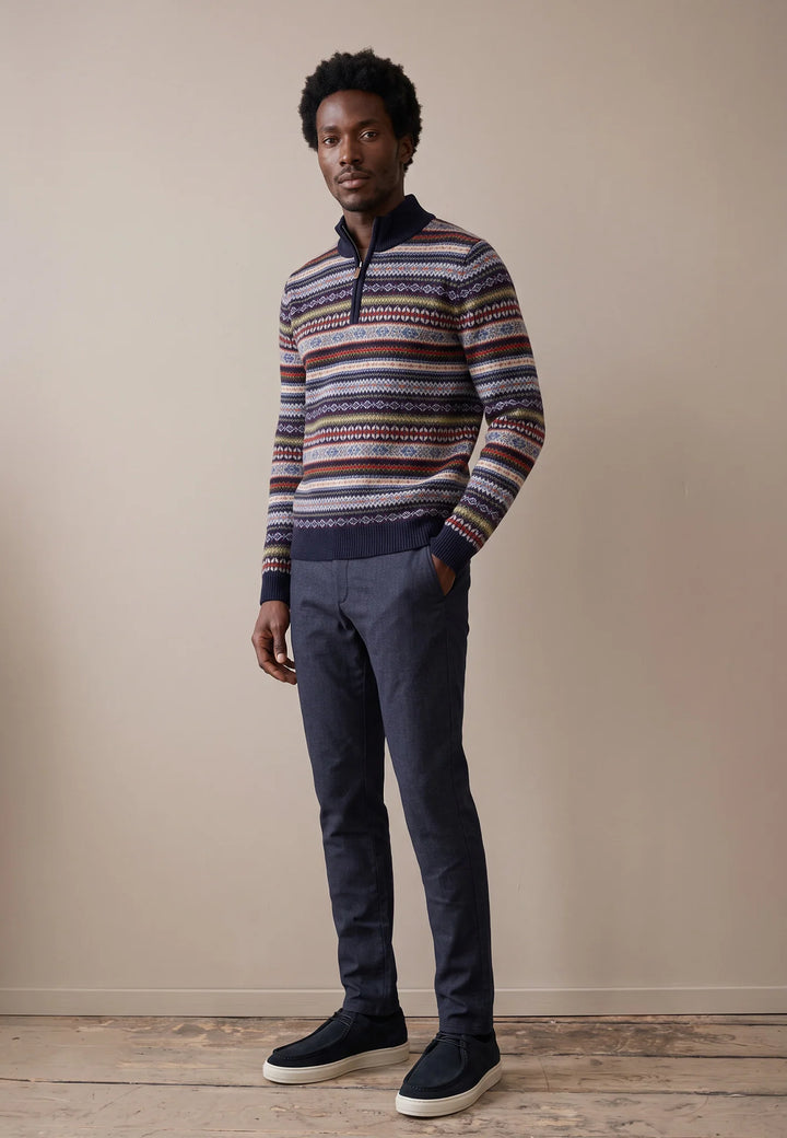 Fynch Hatton Wool Patterned Zip Jumper, Navy