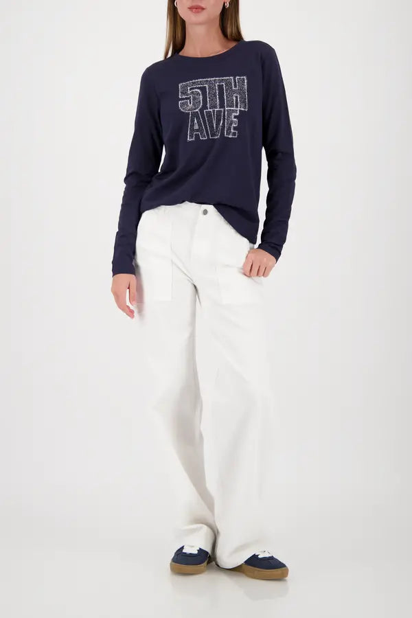 Monari Navy Long-Sleeve Top With "5th Ave" Print