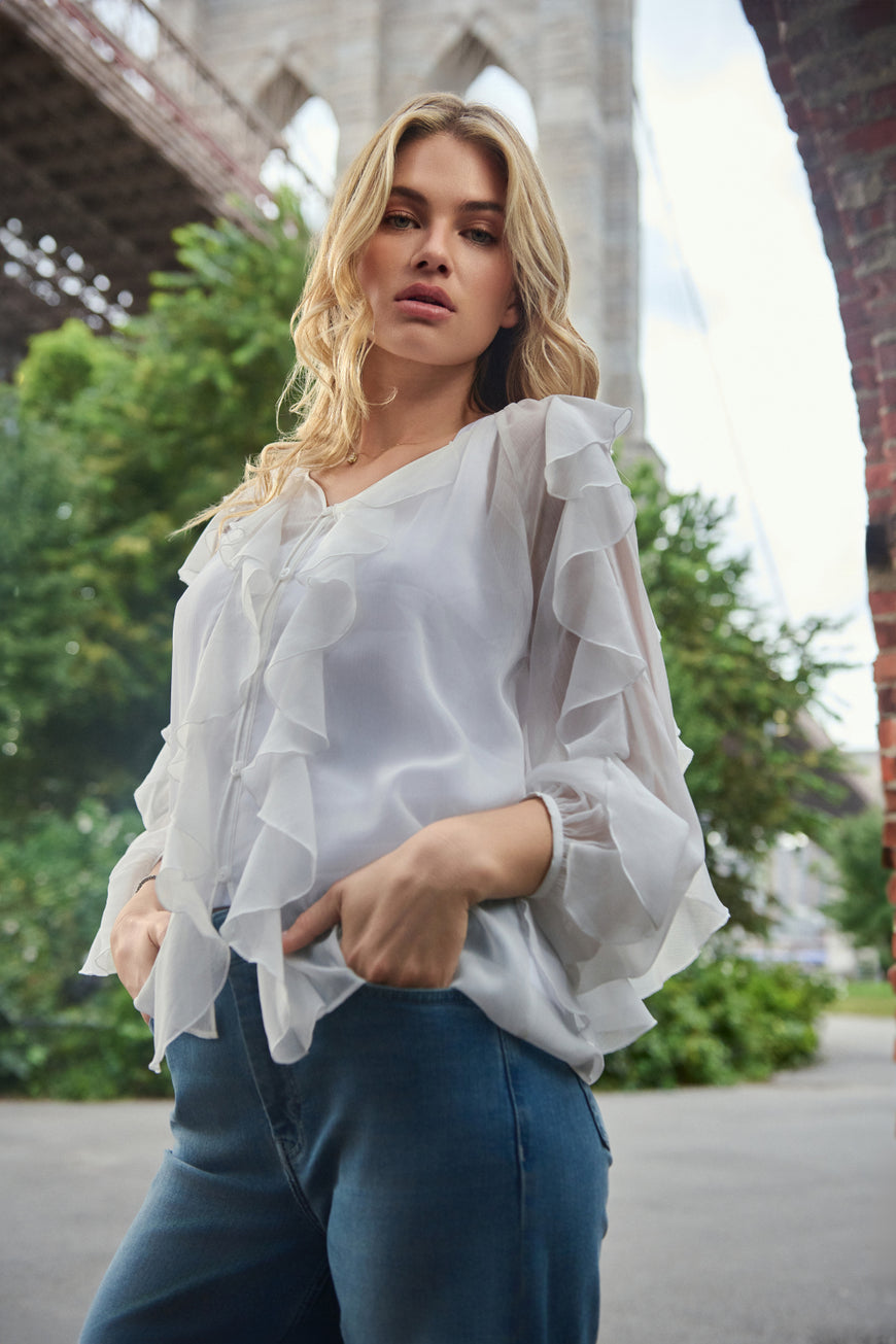 Monari White Georgette Ruffle Blouse