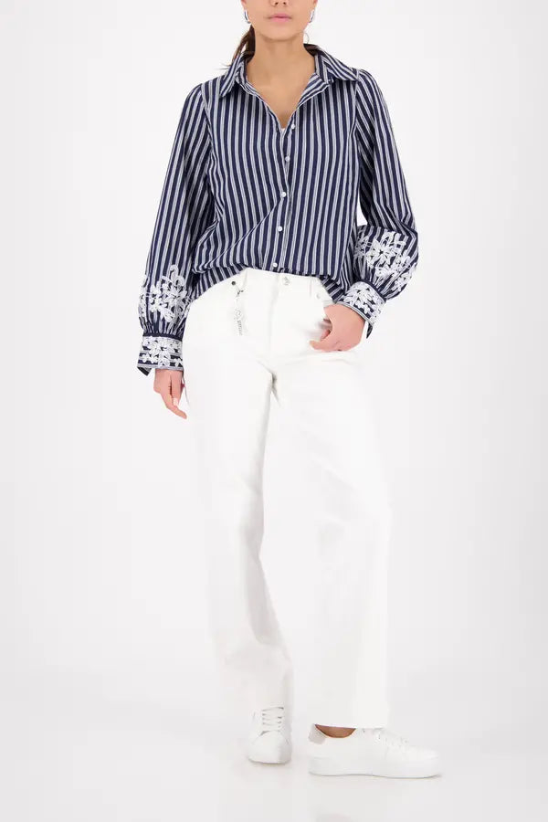 Monari Navy Striped Blouse With Lace