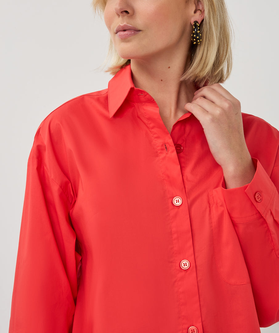 EsQualo Red Cropped & Folded Cuff Blouse