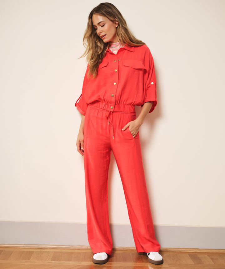 EsQualo Red Wide Leg Elastic Waist Trousers