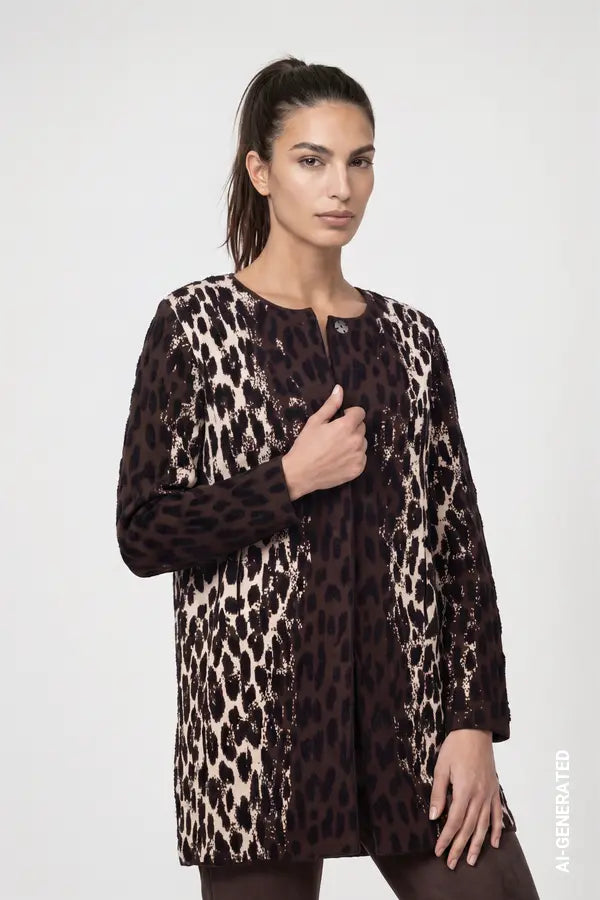 Monari Cardigan with Leopard Jacquard Pattern, Black Coffee
