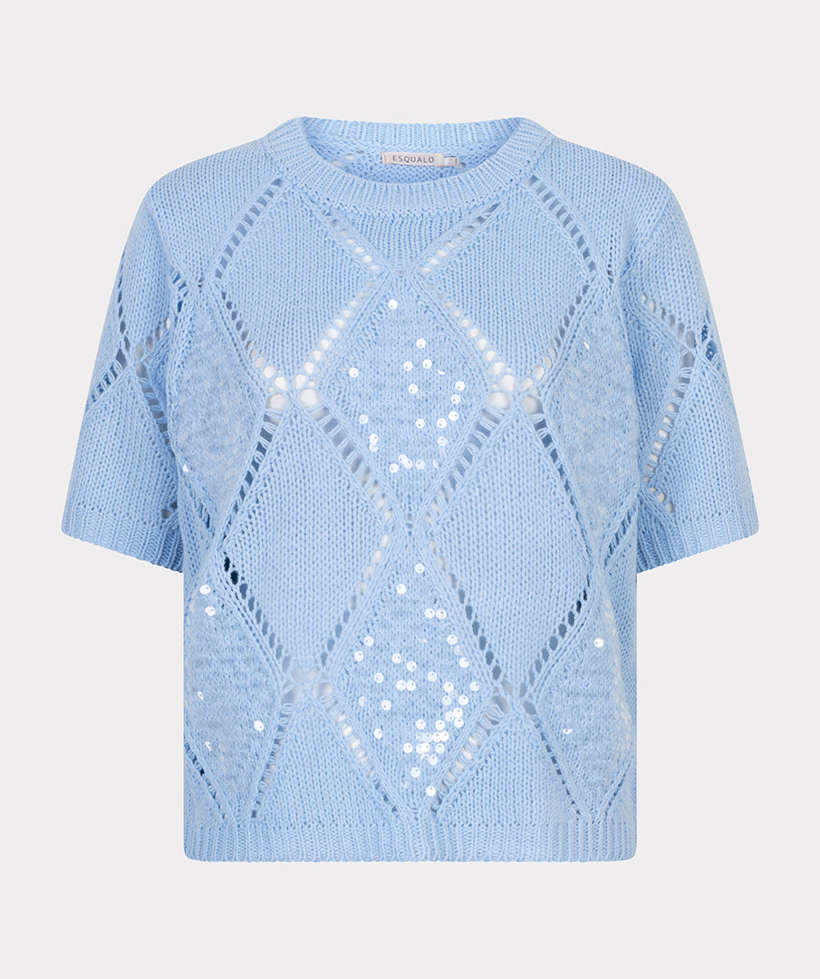 EsQualo Blue Sweater Ajour Diamond Sequins