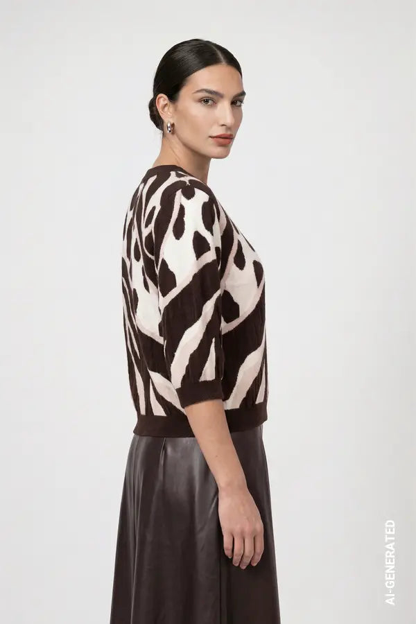 Monari Knitted Jumper with Leopard-Tiger Pattern, Black Coffee