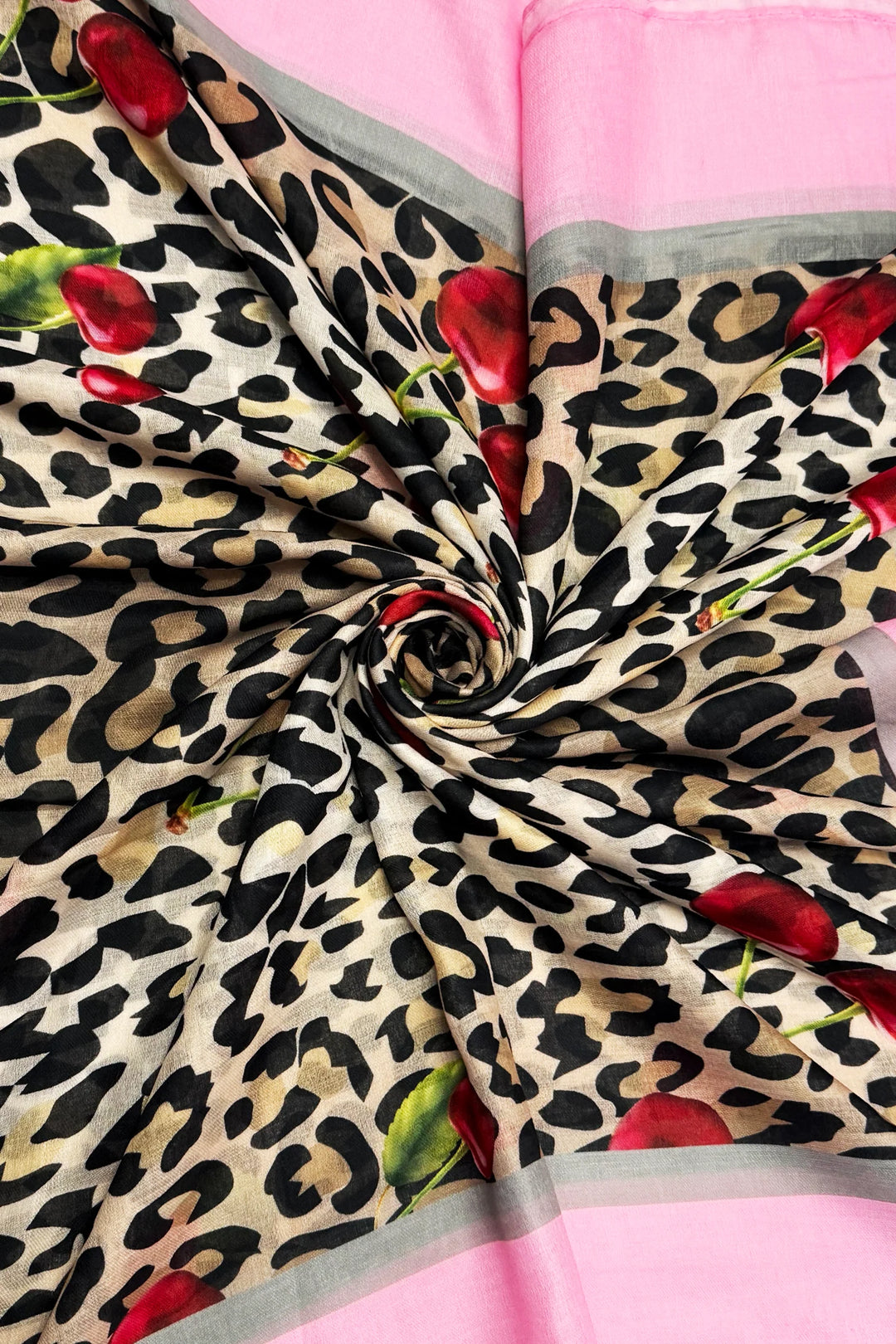 Pink Cherry & Leopard Print Frayed Scarf