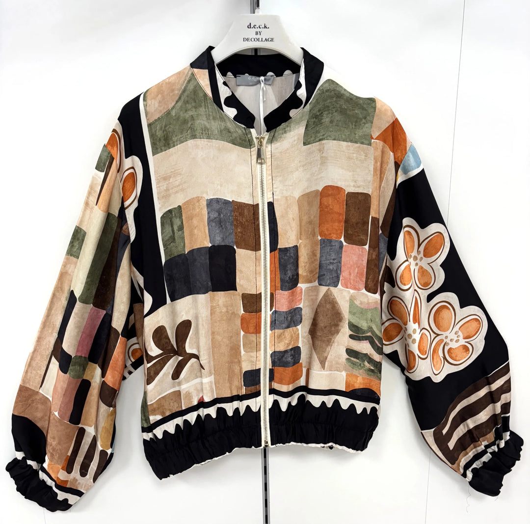 Decollage Black Abstract Print Bomber Jacket