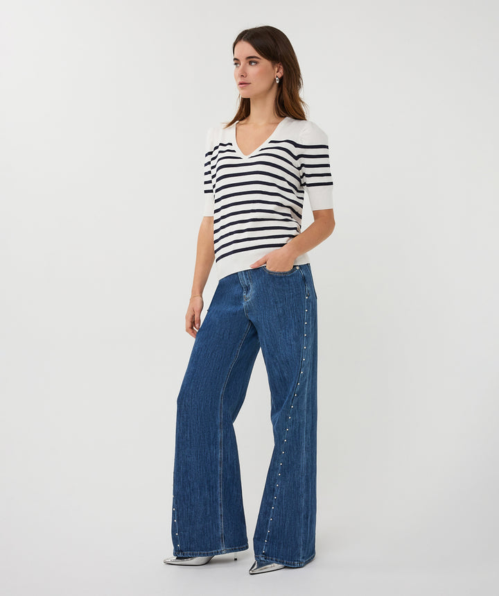 EsQualo Off White & Navy Short Sleeve Striped Knitted Sweater