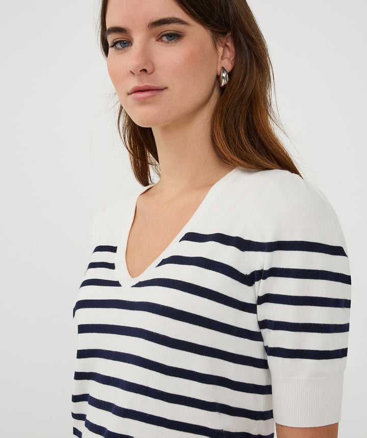 EsQualo Off White & Navy Short Sleeve Striped Knitted Sweater