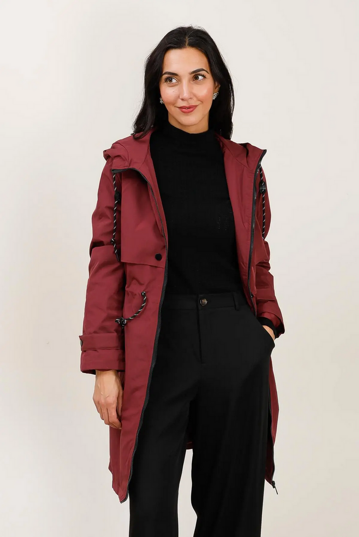 Long Burgundy Waterproof Parka with Hood