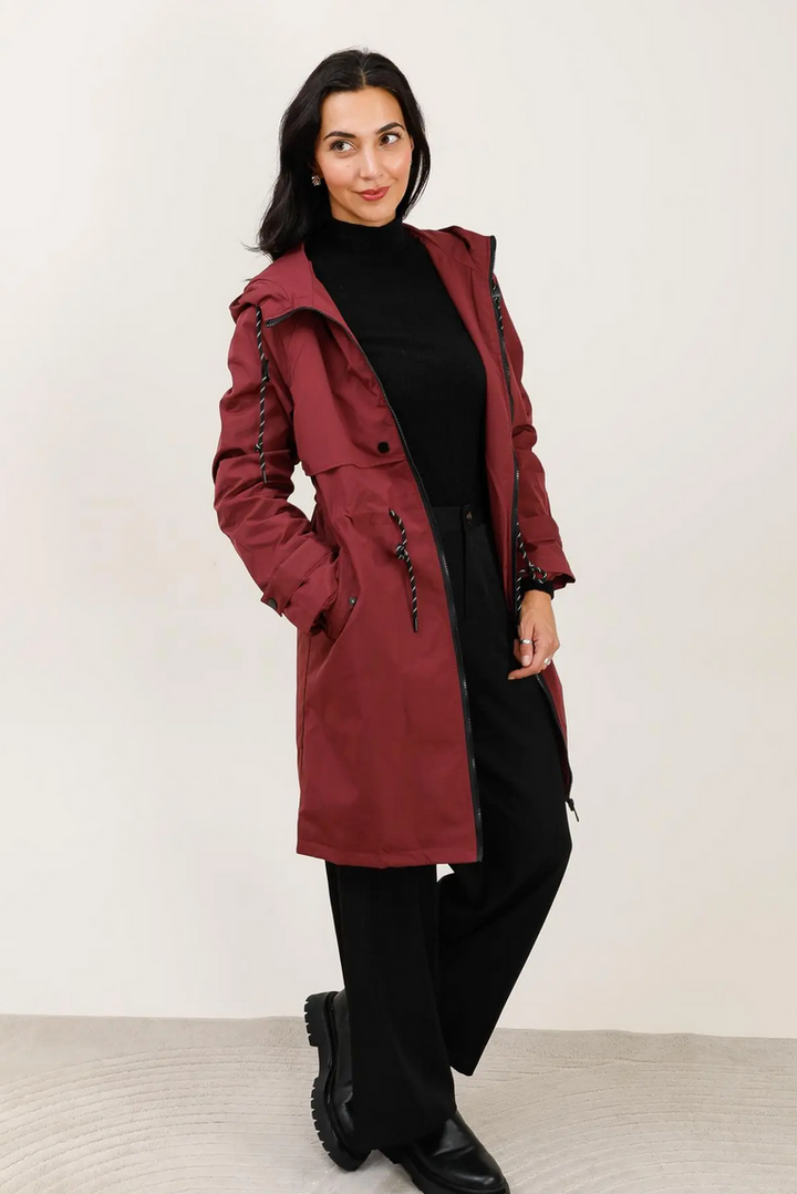 Long Burgundy Waterproof Parka with Hood