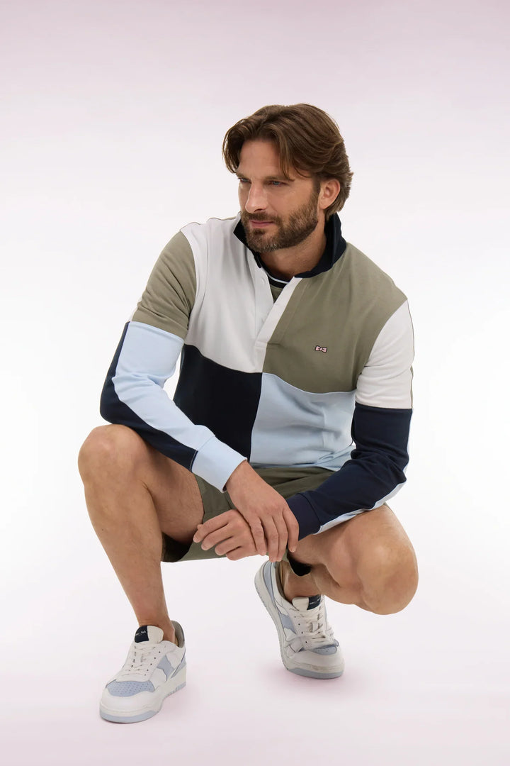 Eden Park Sky Blue & Khaki Block Long-Sleeved Rugby Shirt