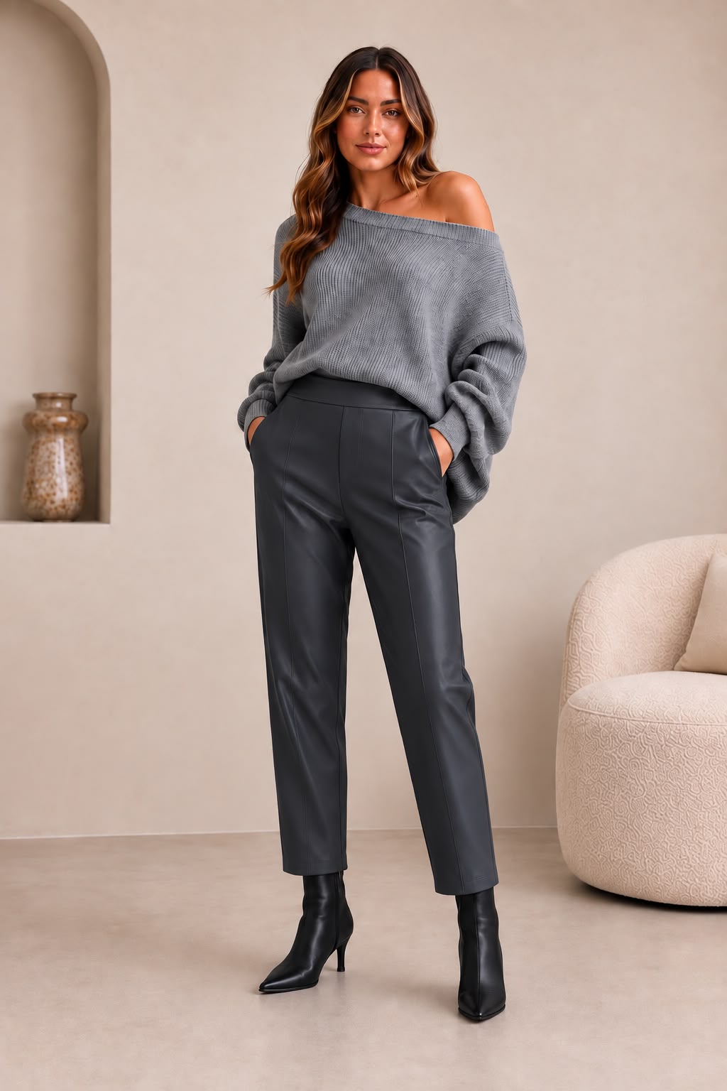 Leatherette Cropped Barrel Trousers, Dark Grey