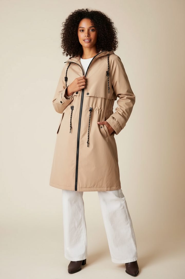 Long Beige Waterproof Parka with Hood